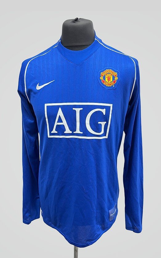 0lxeIPQw9NUr5um Camisa Manchester United Away Azul 2007/08 Manga Longa