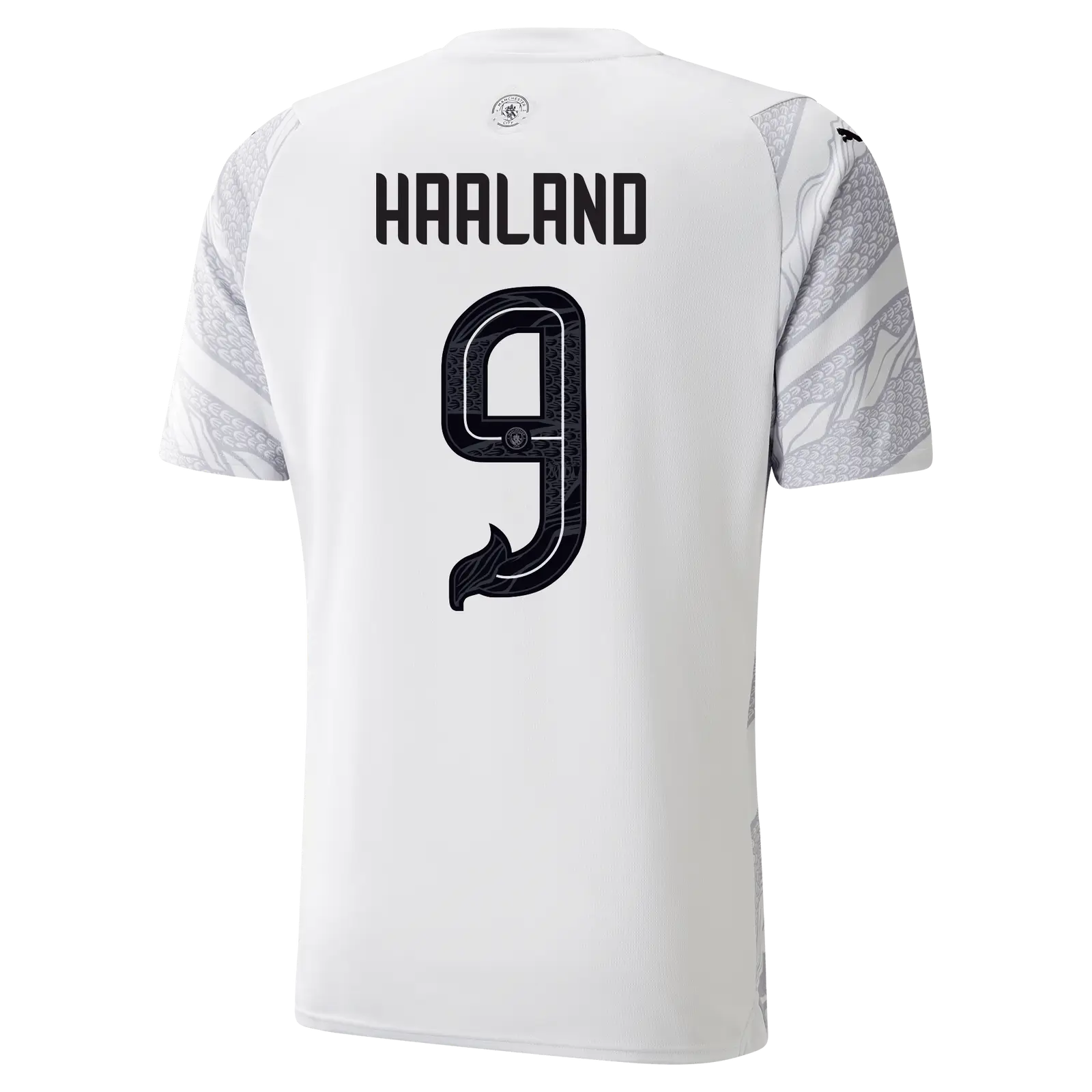 Camisa Manchester City Branca Haaland #9 Dragão de Madeira 2024/25 Camisa Manchester City Branca Haaland #9 Dragão de Madeira 2024/25