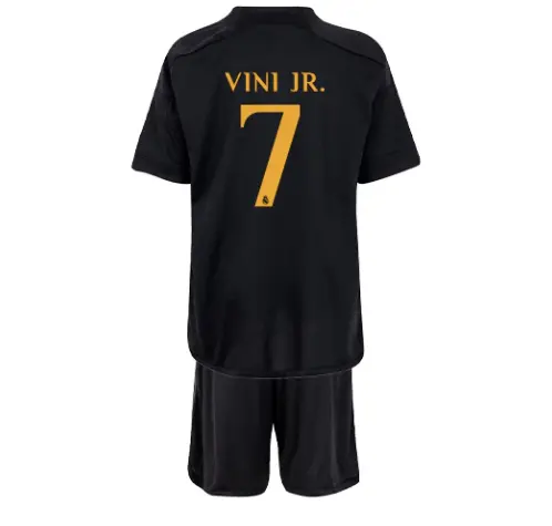 Kit Infantil Vini Jr #7 Real Madrid III Preta 2023/24 Kit Infantil Vini Jr #7 Real Madrid III Preta 2023/24
