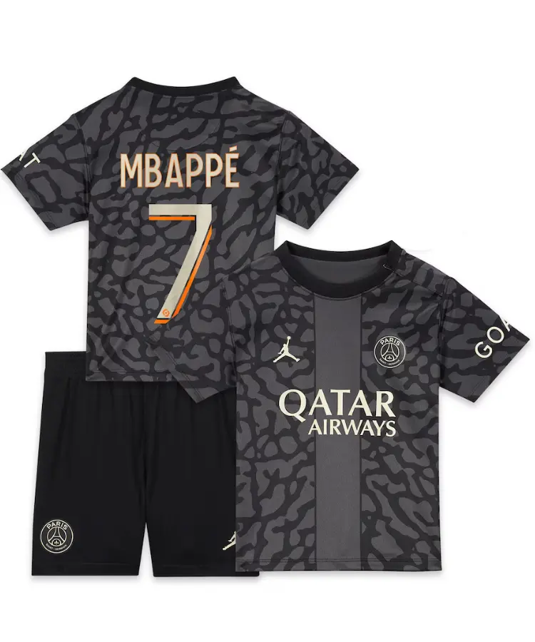 Kit Infantil PSG Preta III Third MBAPPÉ #7 2023/24 Unissex Kit Infantil PSG Preta III Third MBAPPÉ #7 2023/24 Unissex