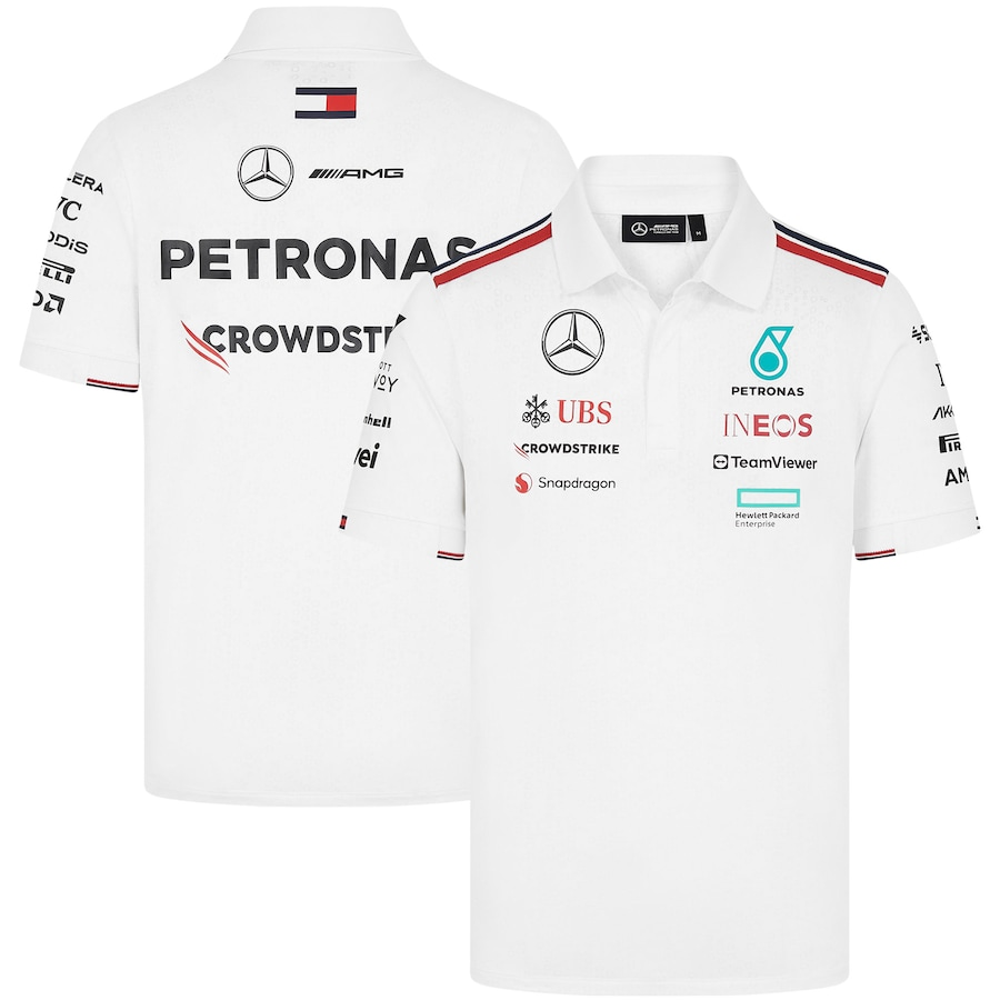 Camiseta Polo Mercedes AMG Petronas F1 2024 Branca Team Driver Camiseta Polo Mercedes AMG Petronas F1 2024 Branca Team Driver