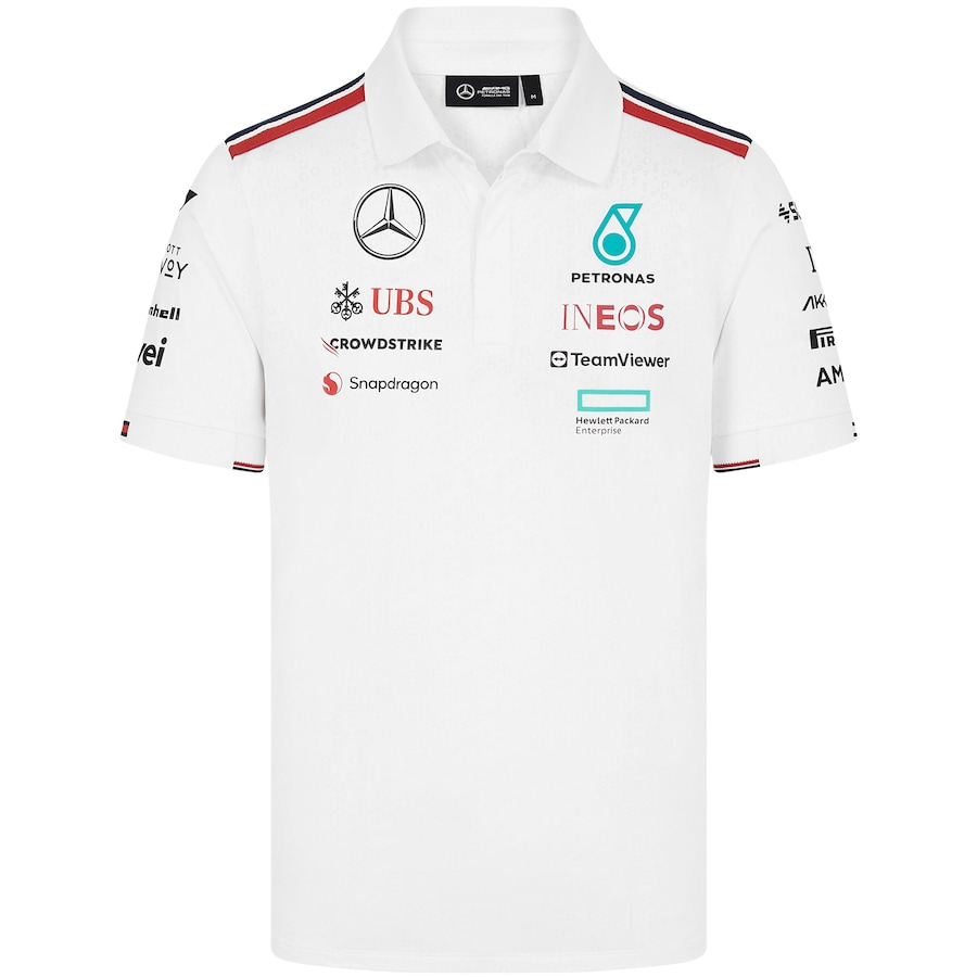 Camiseta Polo Mercedes AMG Petronas F1 2024 Branca Team Driver Camiseta Polo Mercedes AMG Petronas F1 2024 Branca Team Driver