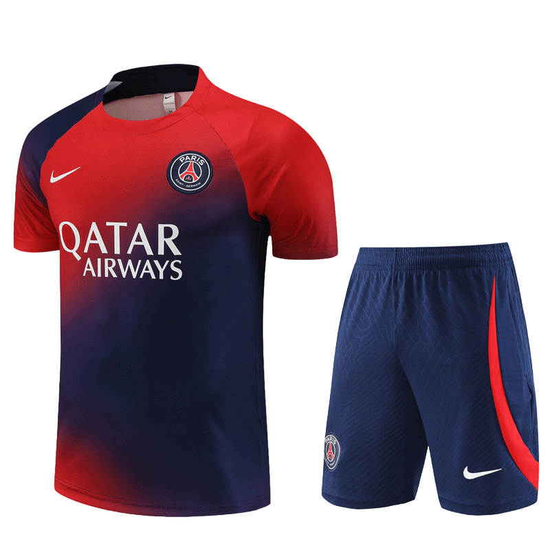 Conjunto de Treino PSG Camisa + Bermuda Vermelha/Azul 2023/24 Conjunto de Treino PSG Camisa + Bermuda Vermelha/Azul 2023/24