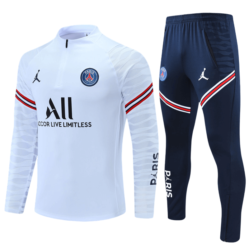 Conjunto de Treino PSG Jaqueta + Calça Branca/Azul 2021/22 Conjunto de Treino PSG Jaqueta + Calça Branca/Azul 2021/22