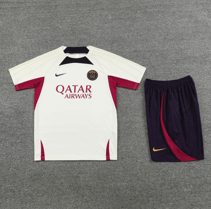 Conjunto de Treino PSG Camisa Bege + Bermuda Roxo 2023/24 Conjunto de Treino PSG Camisa Bege + Bermuda Roxo 2023/24