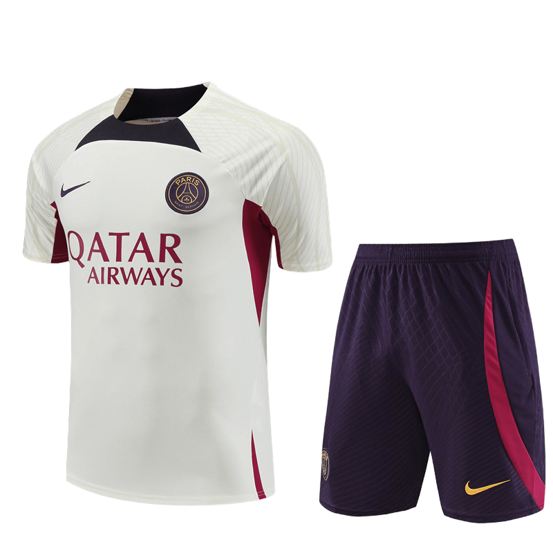 Conjunto de Treino PSG Camisa Bege + Bermuda Roxo 2023/24 Conjunto de Treino PSG Camisa Bege + Bermuda Roxo 2023/24