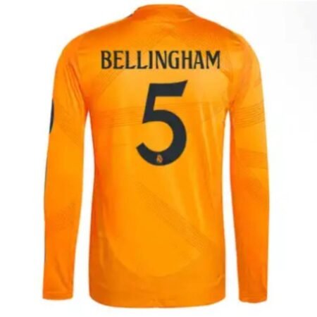 Camisa Reserva Real Madrid Bellingham #5 Laranja 2024/25 Manga Longa Jogador