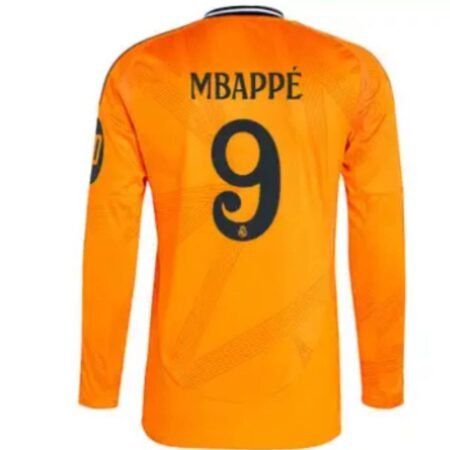 Camisa Reserva Real Madrid Mbappe #9 Manga Comprida 2024/25 Laranja