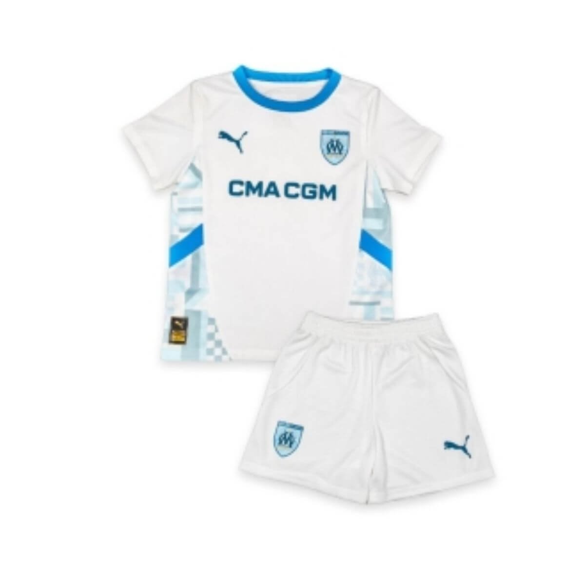 Kit Infantil Olympique de Marseille Titular Branca I 2024/25 Unissex Kit Infantil Olympique de Marseille Titular Branca I 2024/25 Unissex