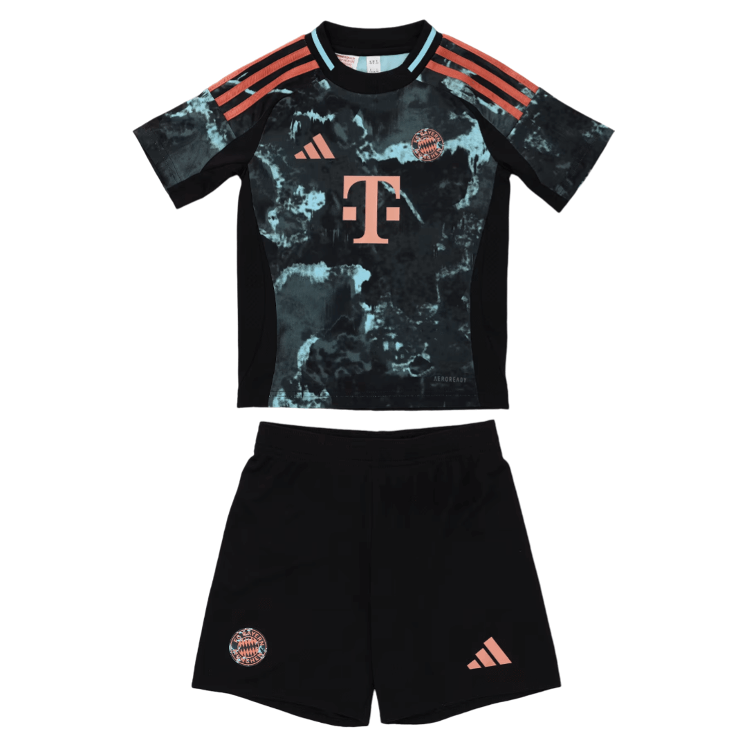 Kit Infantil Bayern de Munique Azul II Away 2024/25 Unissex Kit Infantil Bayern de Munique Third Preta III 2024/25 Unissex