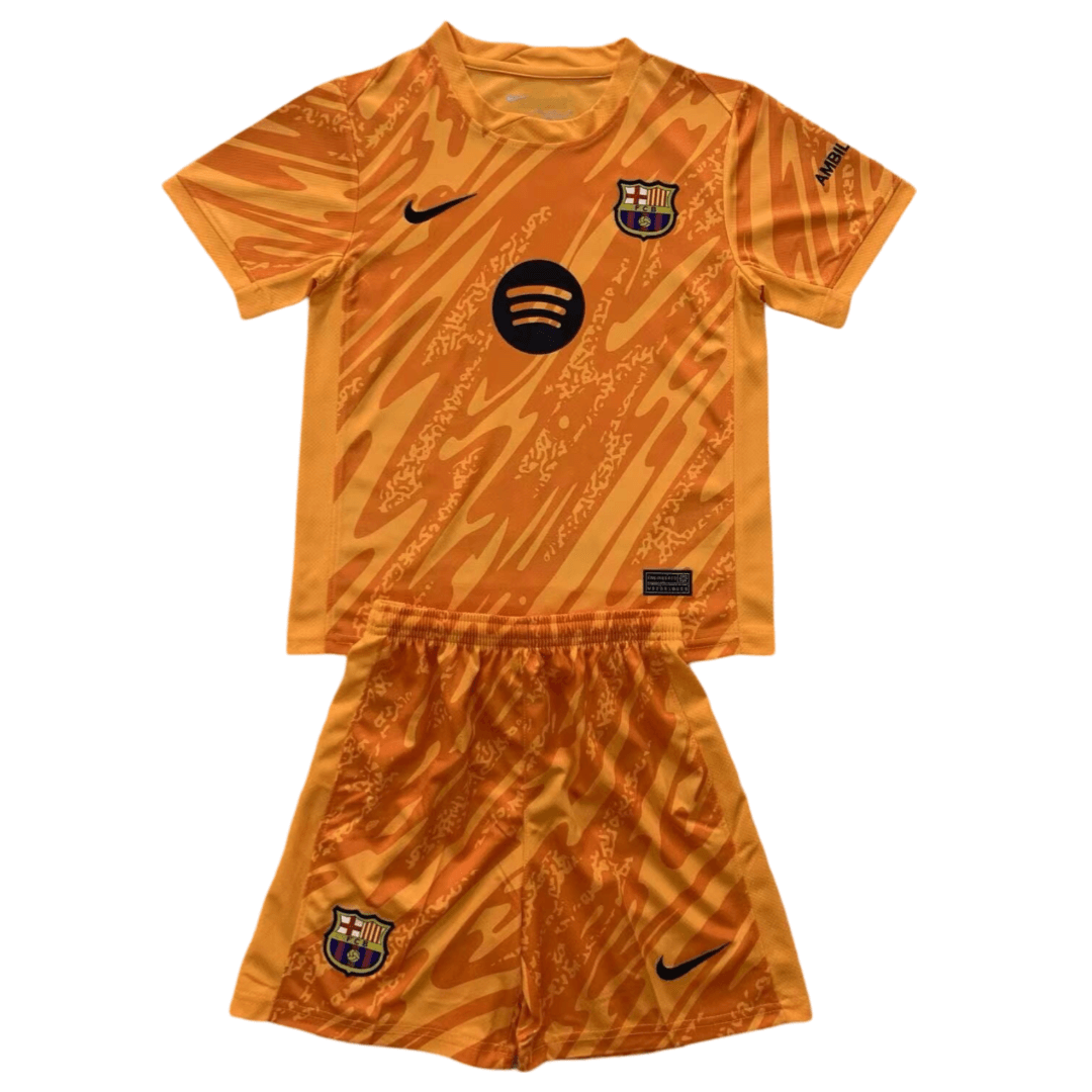 Kit Infantil Barcelona Laranja Goleiro 2024/25 Unissex Kit Infantil Barcelona Laranja Goleiro 2024/25 Unissex
