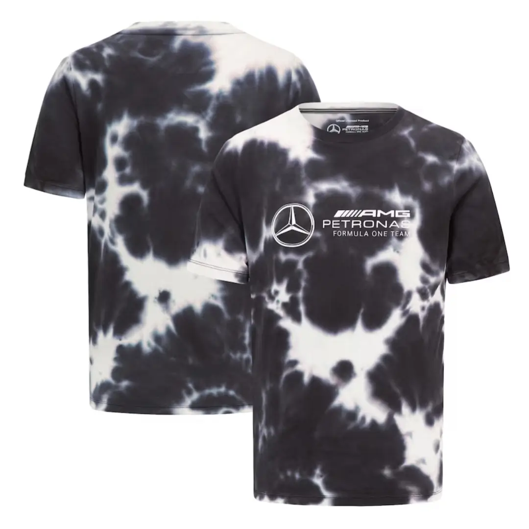 camisa-mercedes-amg-petronas-f1-tie-dye-preta-branca Camisa Mercedes Benz AMG F1 Tie Dye Preta Masculina