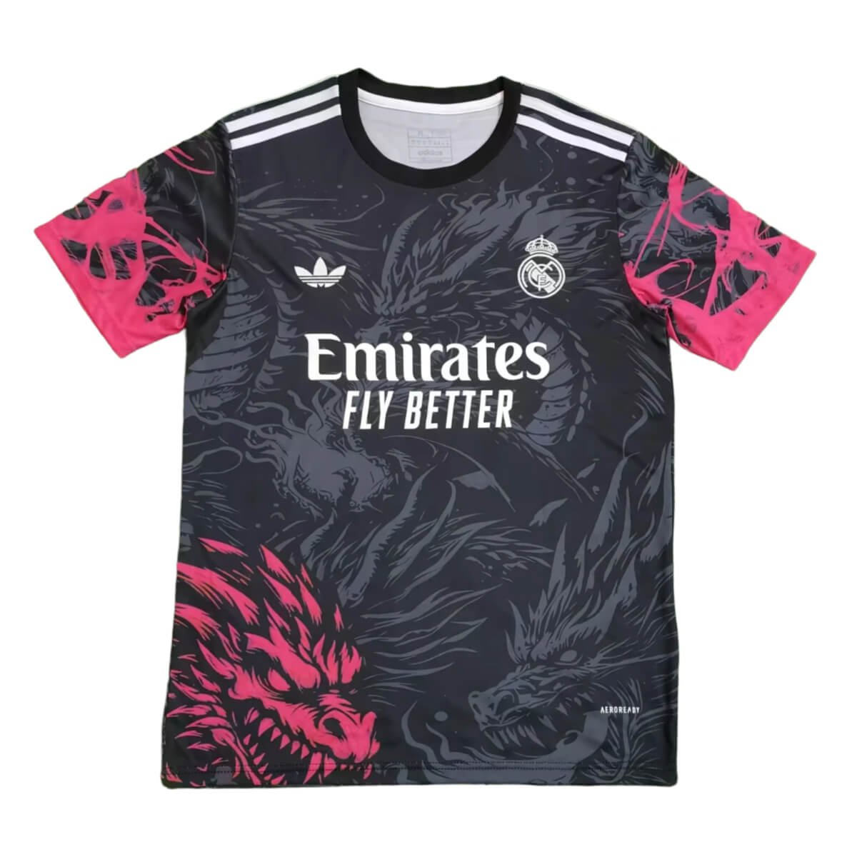 camisa-real-madrid-preta-rosa-dourada-2024-25-masculina Camisa Real Madrid Dragão Preta/Rosa 2024/25 Masculina