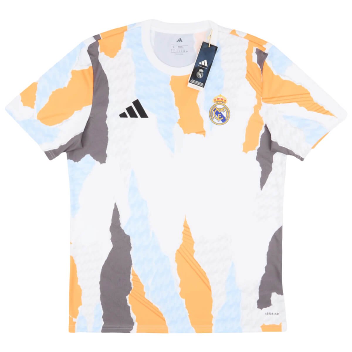 camisa-real-madrid-pre-jogo-branca-2024-25-masculina Camisa Real Madrid Pré-Jogo Branco/Laranja 2024/25 Masculina