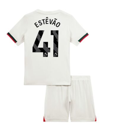 Kit Infantil Chelsea FC Estêvão #41 Branca 2025/26 Away Unissex