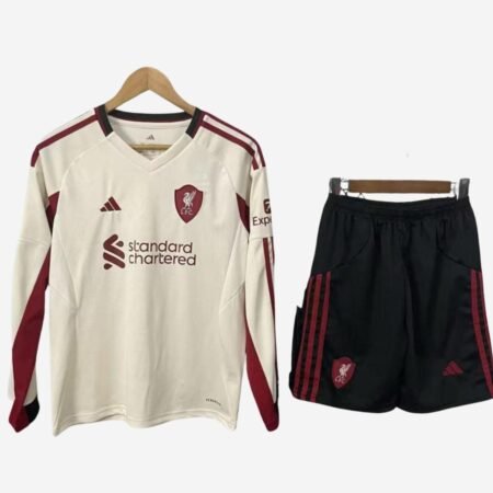 Kit Infantil Liverpool Bege 2025/26 Away Manga Longa
