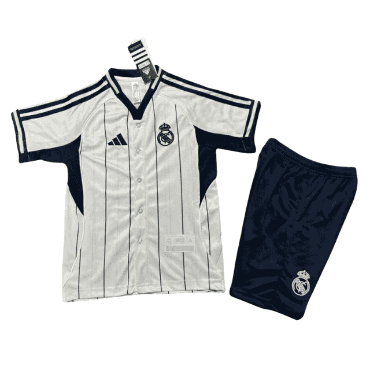 Kit-infantil-Real-Madrid-Baseball-Branco-25-26-Home-Male Kit Infantil Real Madrid Basebol Branco 2025 Botões Unissex