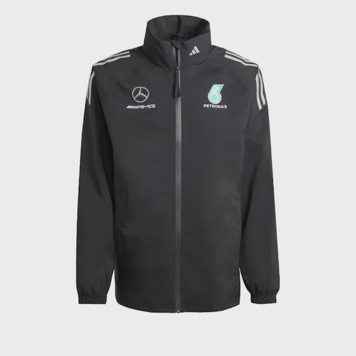 jaqueta-corta-vento-mercedes-benz-amg-chuva-preta-2025-26-masculina Jaqueta Corta Vento Mercerdes Benz AMG F1 Preta Chuva 2026/27 Masculina