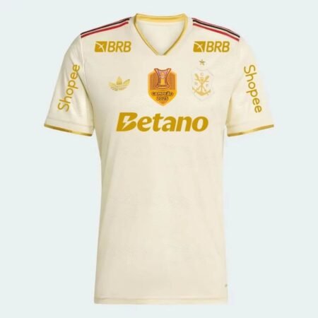 Camisa do Flamengo Campeão Brasileiro 2025 Creme Terceira Todos os Patricinadores