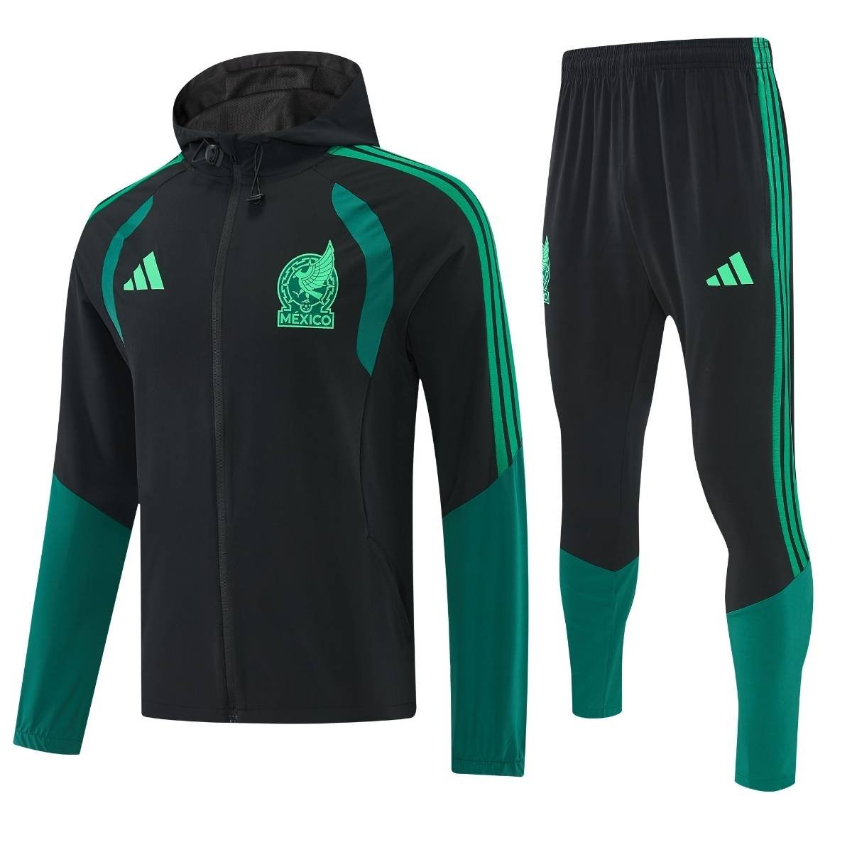 kit-corta-vento-mexico-2026-27-preto-verde-masculino Conjunto Treino México Calça e Jaqueta C/Capuz Preto 2026/27 Masculina
