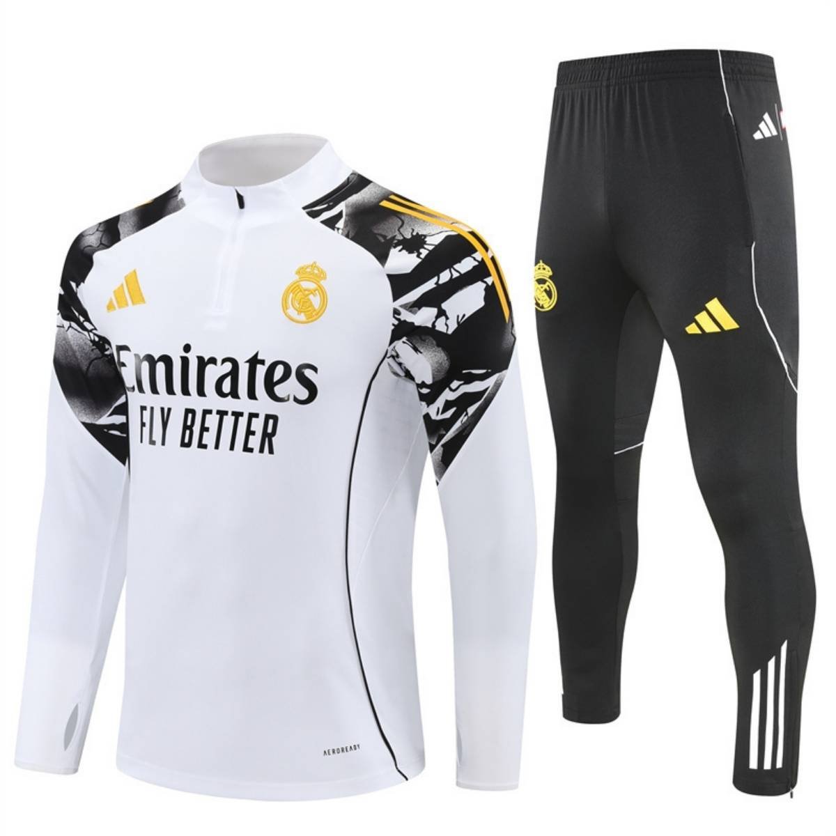 kit-treino-real-madrid-2025-26-branco-preto-masculino (1) Conjunto Treino Real Madrid Calça e Jaqueta Branco/Preto 2025/26 Masculina