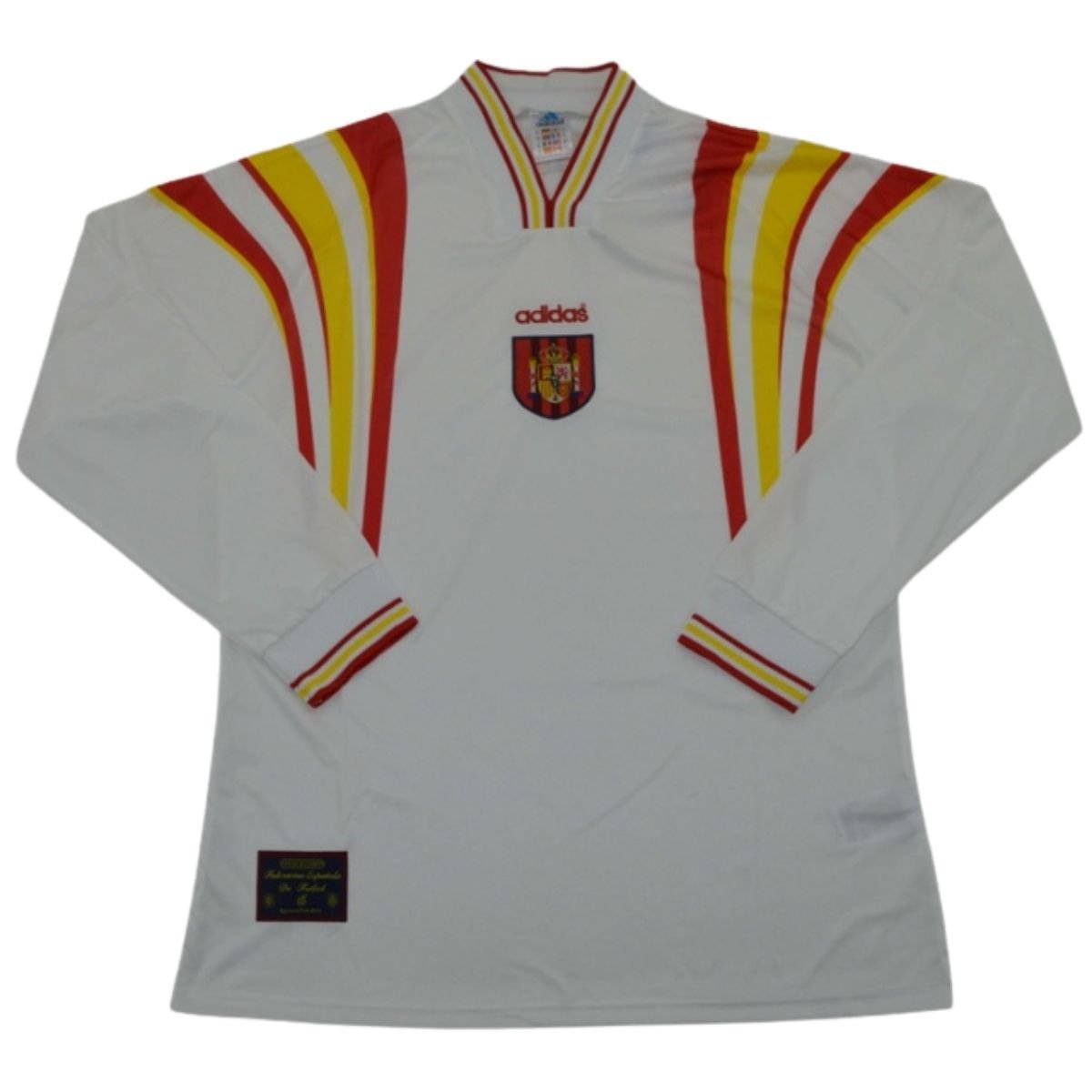 camisa-espanha-branca-1996-away-ii-masculina Camisa Espanha Branca 1996 Away II Manga Longa Masculina