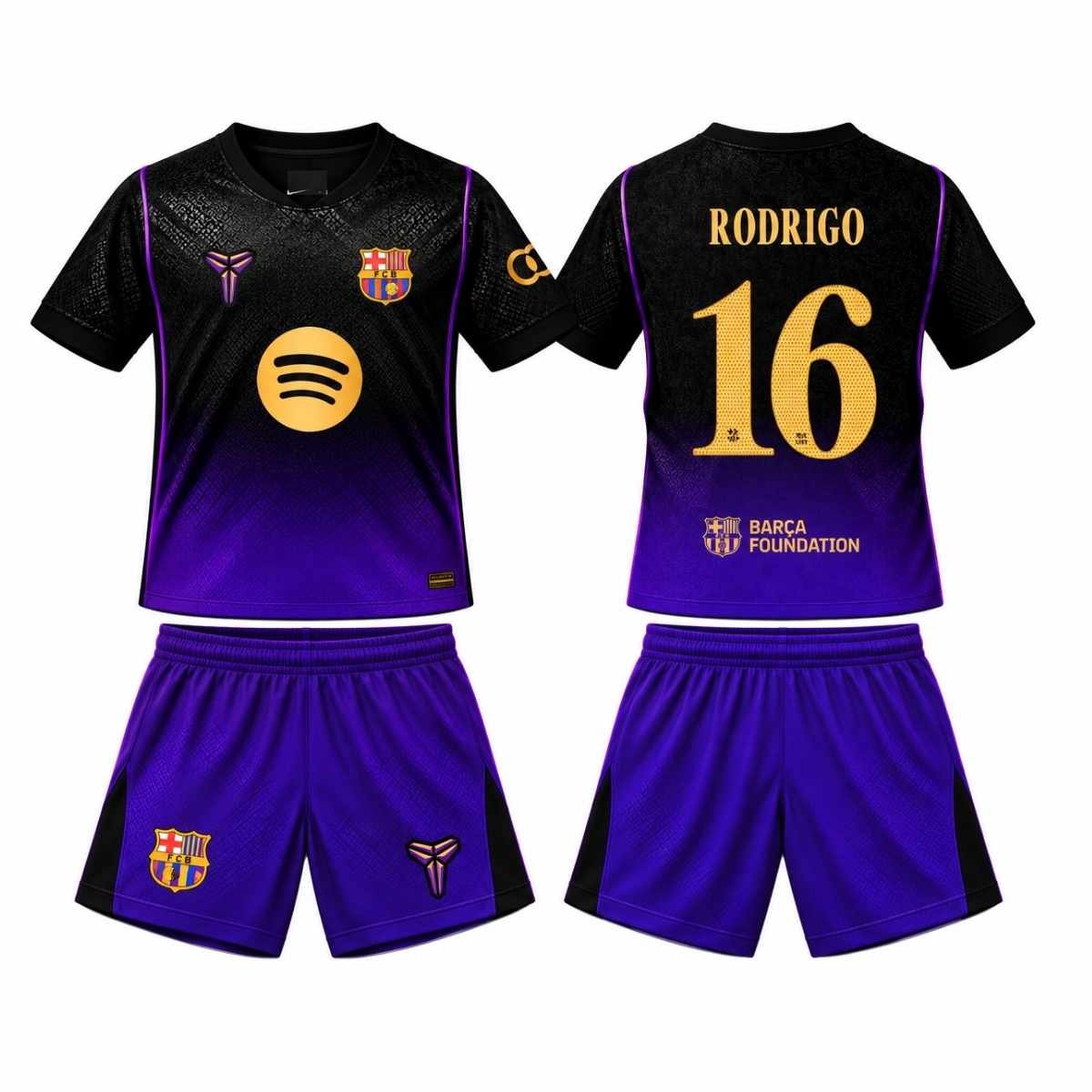 kit-infantil-fc-barcelona-kobe-bryant-rodrigo#16-2026-27-preto-roxo-unissex Kit Infantil Barcelona FC Rodrigo #16 Roxo Refletiva 2026/27 Away II Unissex