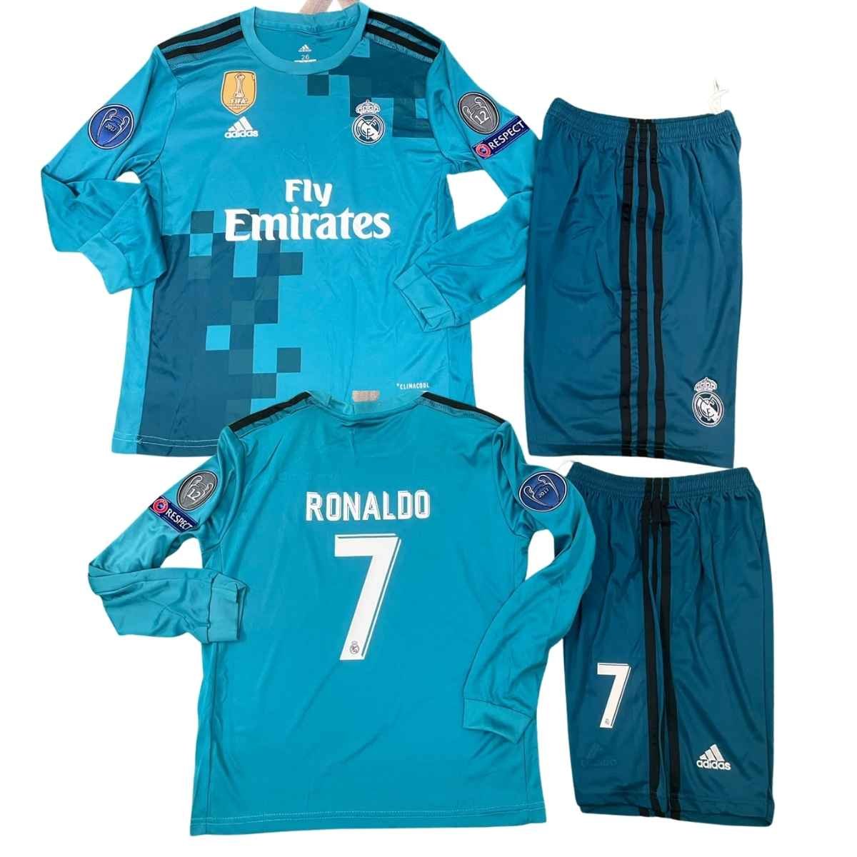 kit-infantil-real-madrid-azul-champions-2017-18-away-ii-unissex Kit Infantil Real Madrid Azul 2017/18 Away II Cristiano Ronaldo #7 Manga Longa